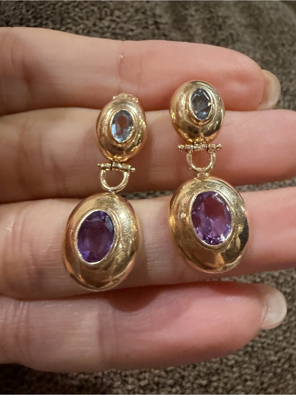 Vintage Yellow Gold Amethyst & Blue Gemstone Oval Drop Earrings – 7.2g